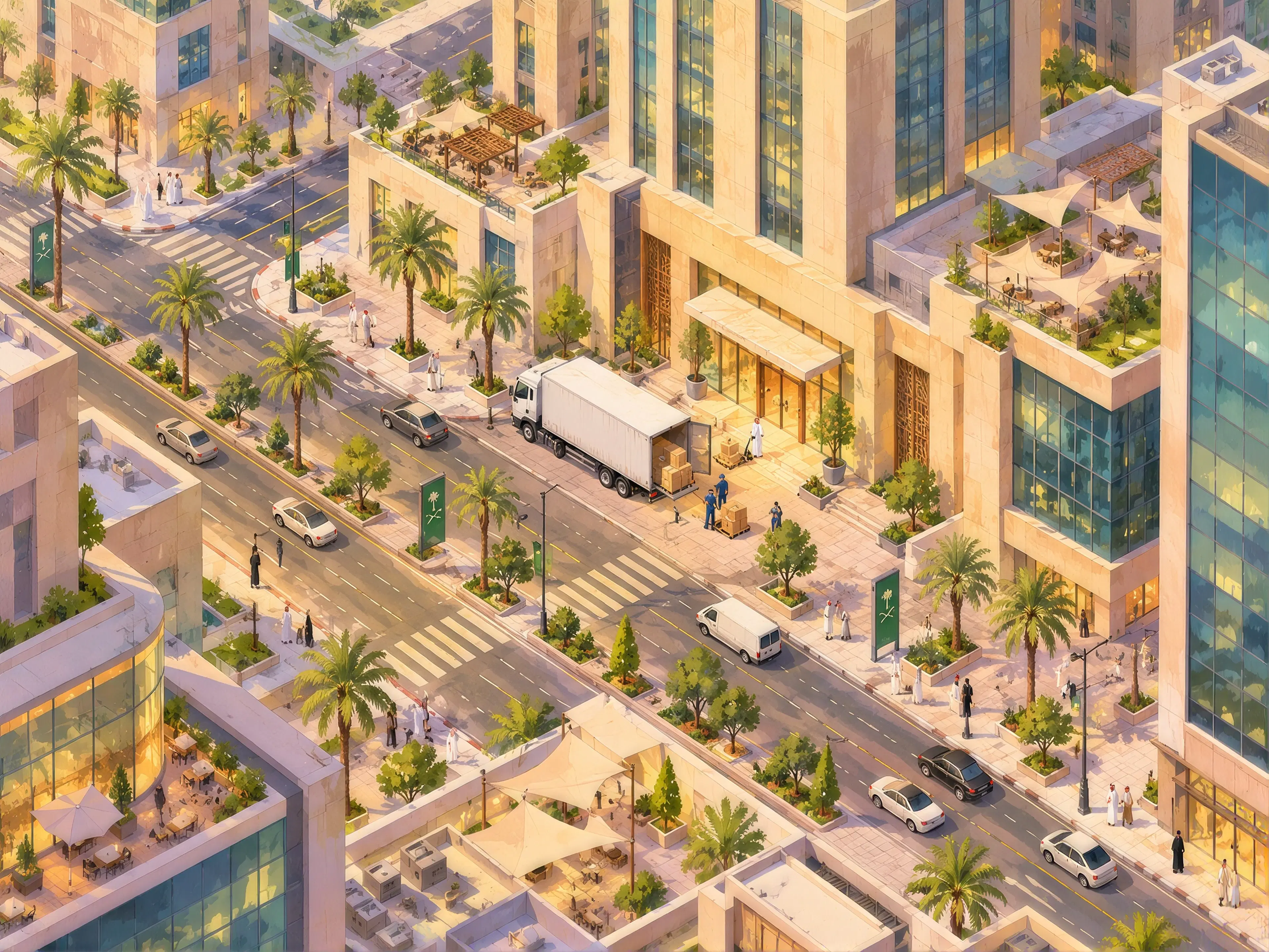 Delivery truck arriving at a city building